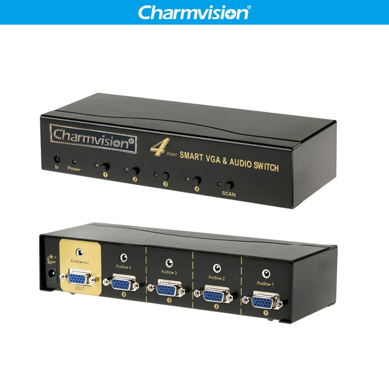 Charmvision VA401R 4 Poorten VGA 3.5mm Audio Switcher Auto Inblikken Afstandsbediening VGA L/R voice Gelijktijdig Schakelaar controle