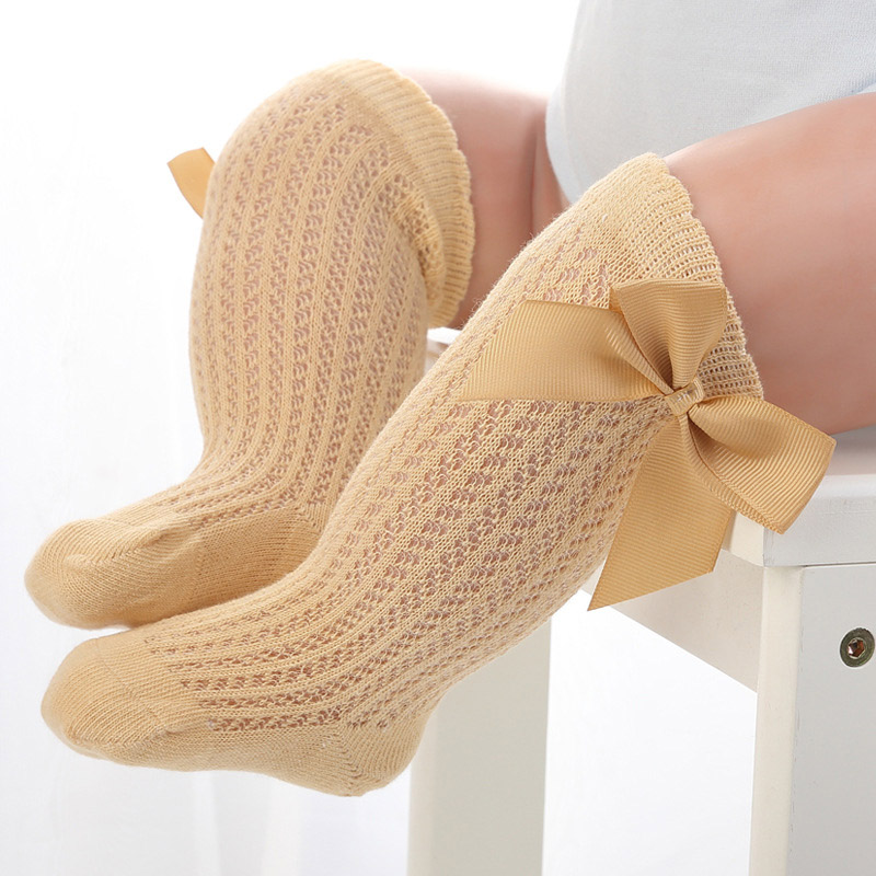 Baby Socks Bowknot Ruffle Summer Mesh Baby Girl Long Socks Princess Kids Breathable Knee High Socks: yellow