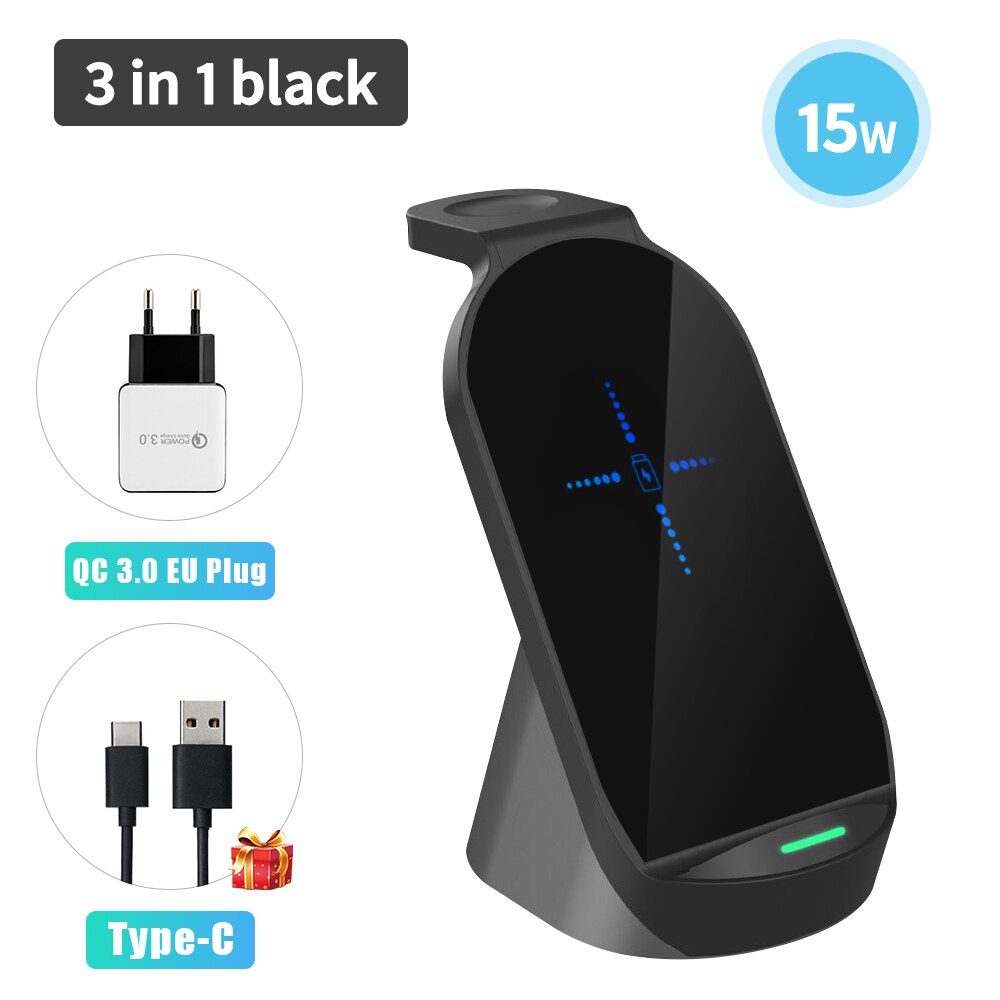 3 in 1 15w Qi Quick Wireless Charger Stand Dock For Apple Watch AirPods iPhone Samsung Xiaomi Phone Fast Induction Charging: 3 in 1 Black EU