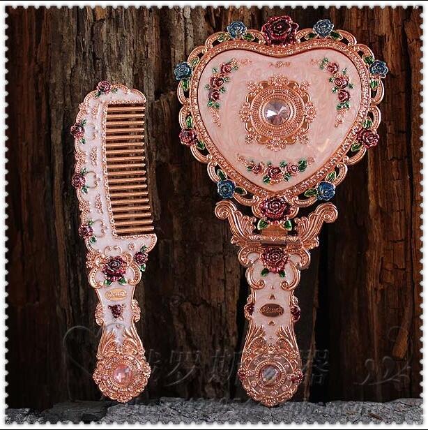 Europæisk vintage hjerteform håndspejl makeup spejl ramme lomme spejl hjerte spejl til pige  j034