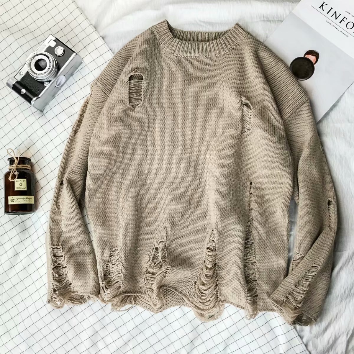 Høstgenser herre solid strikkegenser mannlig kausal revet uthullet gensere streetwear hip hop pullover topper