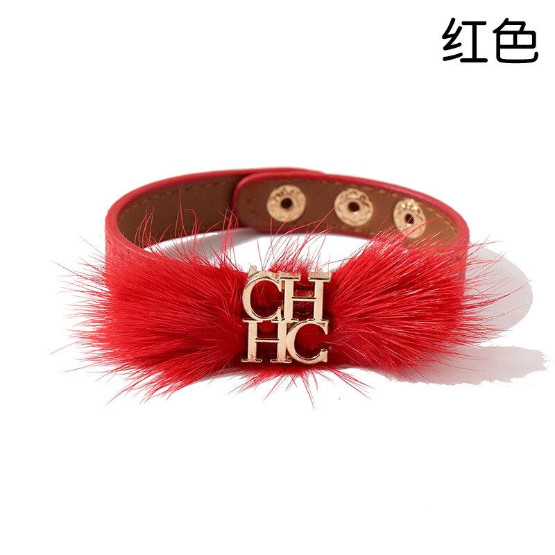 Titanium steel glossy gold CH lettered double loop leather bracelet for women: Gold-color