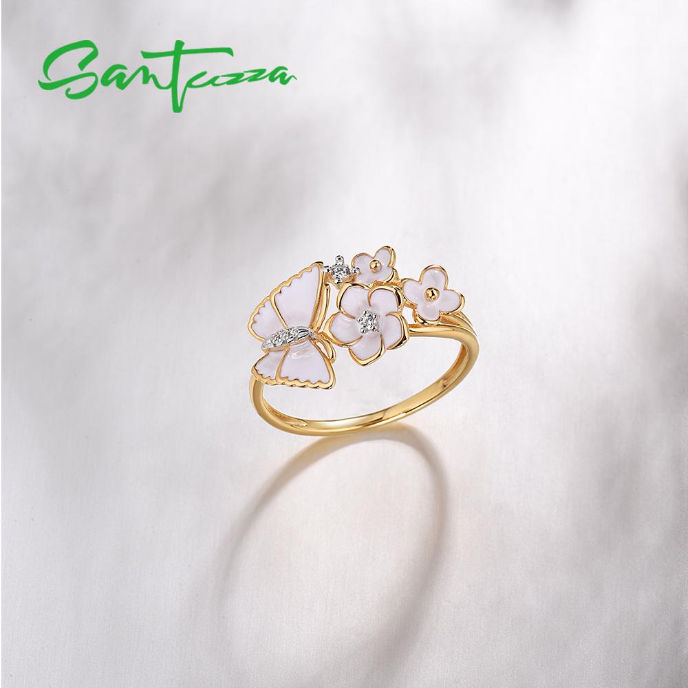 Santuzza Zilveren Ringen Voor Vrouwen Echt 925 Sterling Zilveren Delicate Witte Bloem Vlinder Trendy Fijne Sieraden Handgemaakte Emaille