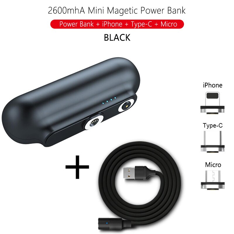 2600 Mah Mini Power Bank Terug Batterij Usb Type-C Kabel Voor Iphone 11 Pro Xs Samsung Xiaomi Draagbare power Bank Magnetische Charger: 3 Type Black