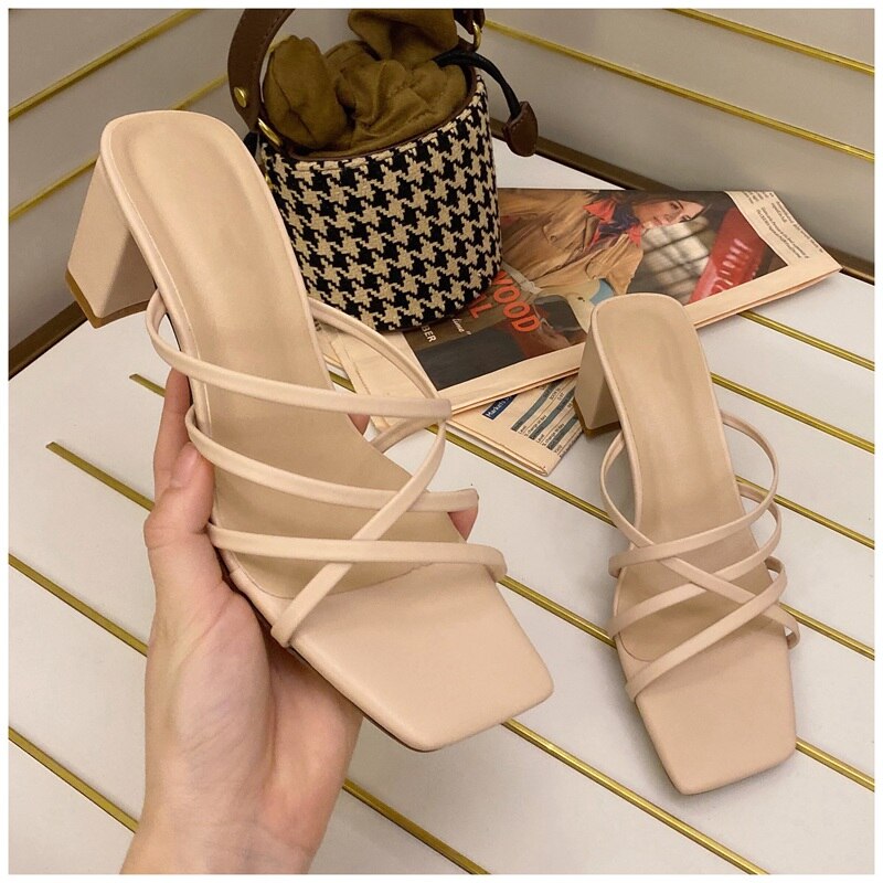 Suojialun smalband kvinnor tofflor dam högklackat sandal sommar utomhus öppen tå slides pumps: Rosa / 39