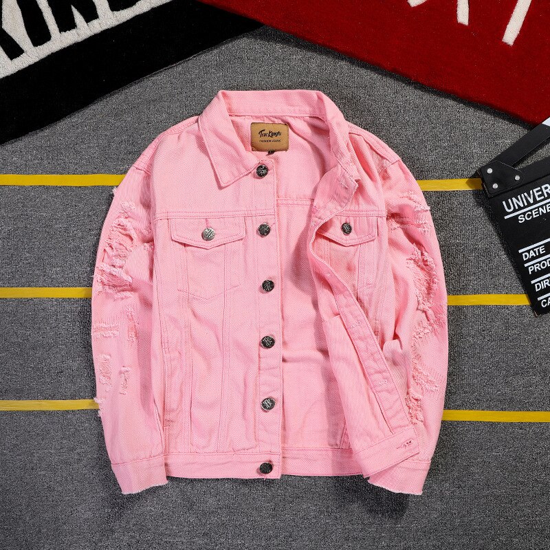 Męska kurtka dżinsowa męska wiatrówka Streetwear jeansowa kurtka Homme zwykły modny płaszcz różowy biały czarny 5XL: Różowy / Xl