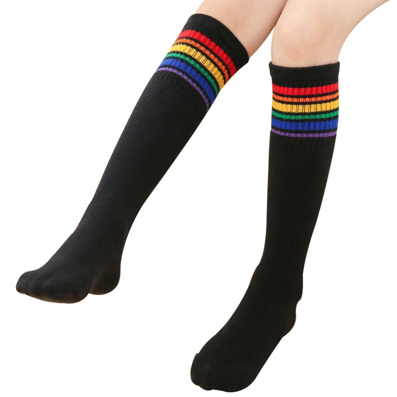 Meisjes Knie Hoge Sokken Voor Kinderen Kinderen Zwart Wit Kleurrijke Strepen Regenboog Jongen Meisje Elastische Lange School Sokken 6-15 Jaar