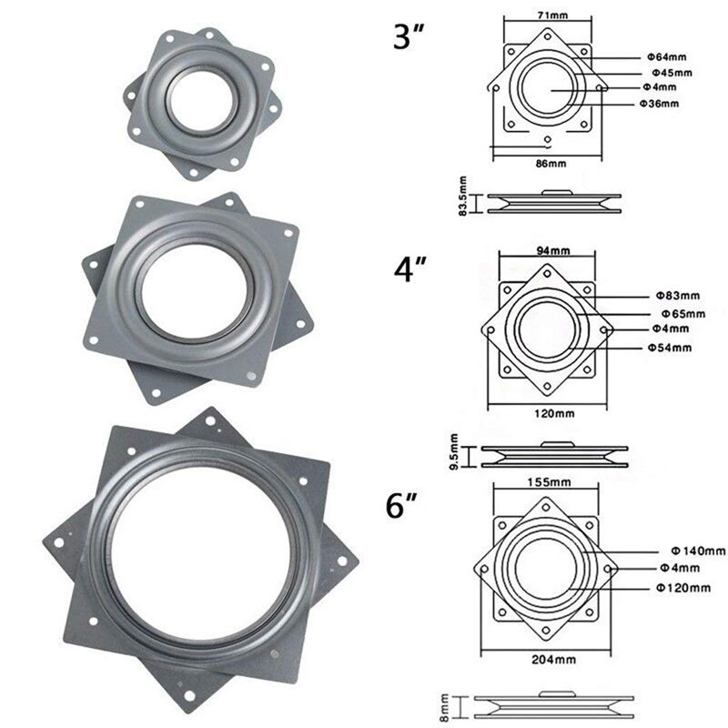 2x Lazy Susan Ball Bearing Metal Swivel Plate - 95 x 95 x 9 mm & 155 x 155 x 9 mm