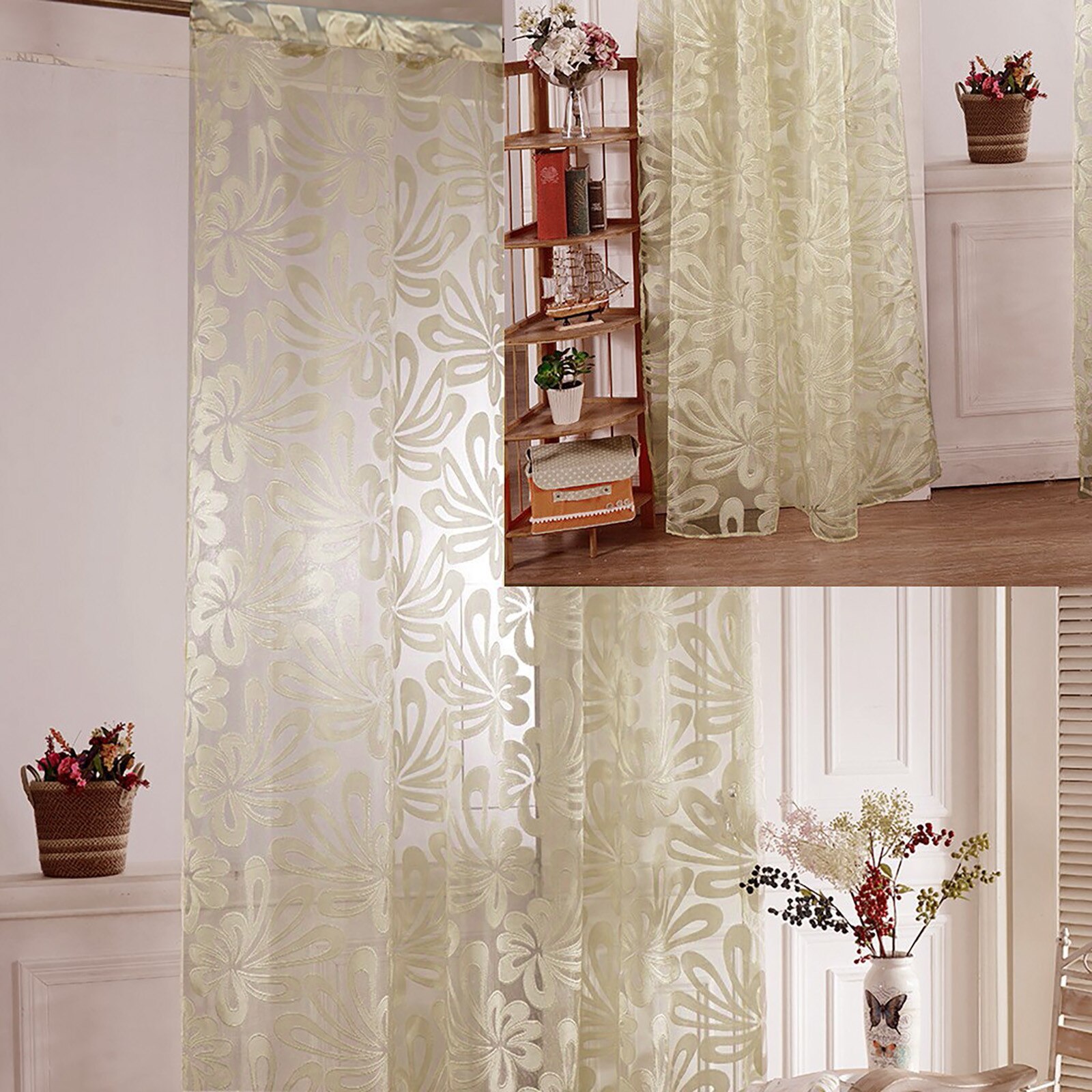 1PC Luxury Embroidered Sheer Voile Curtains Window Drapes Cortina for Living Room Door Gold Lace Curtains Tulle Windows Screens