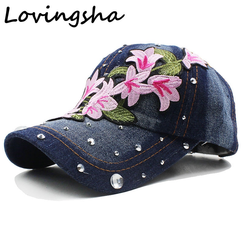 Lovingsha Rhinestones Denim Baseball Cap Spring Floral Cap Snapback Summer Cap For Girl Fitted Cap Women Cheap Hat