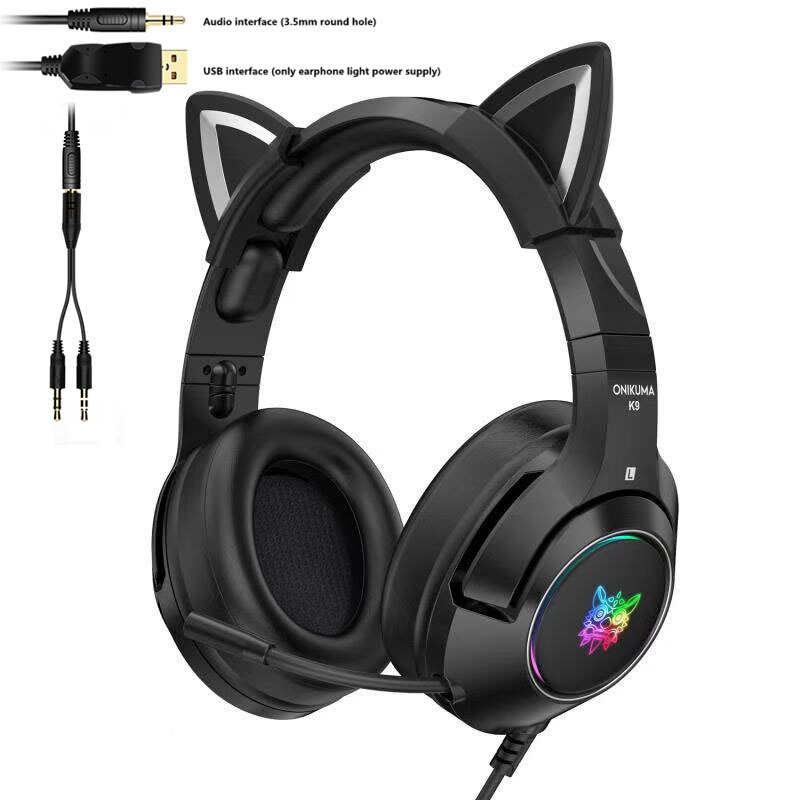 Product K9 Pink Cat Ear Cute Girl Gaming Headset With Mic ENC Noise Reduction HiFi 7.1 Channel RGB Wired Headphone: USB and 3.5mm no box