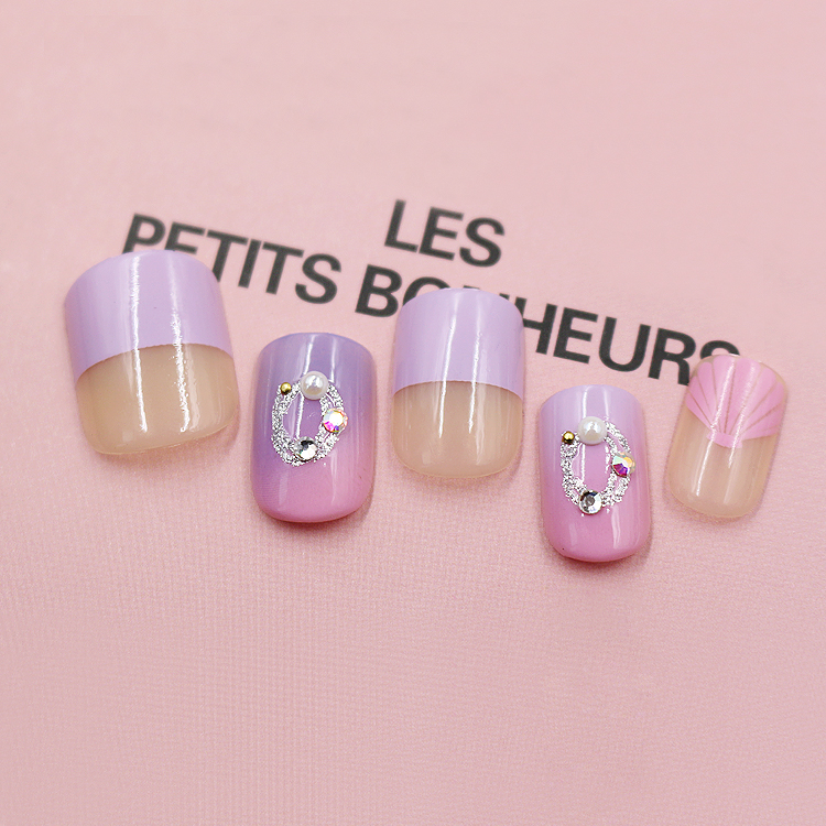 24 Pcs Paars En Roze Kleur Kunstmatige Diamanten Decoratie Kunstnagels Mode Zoete Nep Nagels Met Lijm Stickers