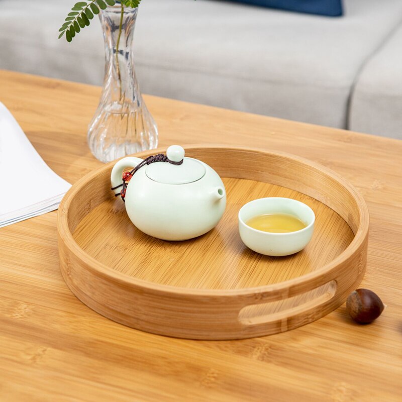 Bandeja redonda de madera de bambú para servir, accesorio para el hogar, bandejas para cena, barra de té, desayuno, contenedor de comida, bandeja de almacenamiento con asa
