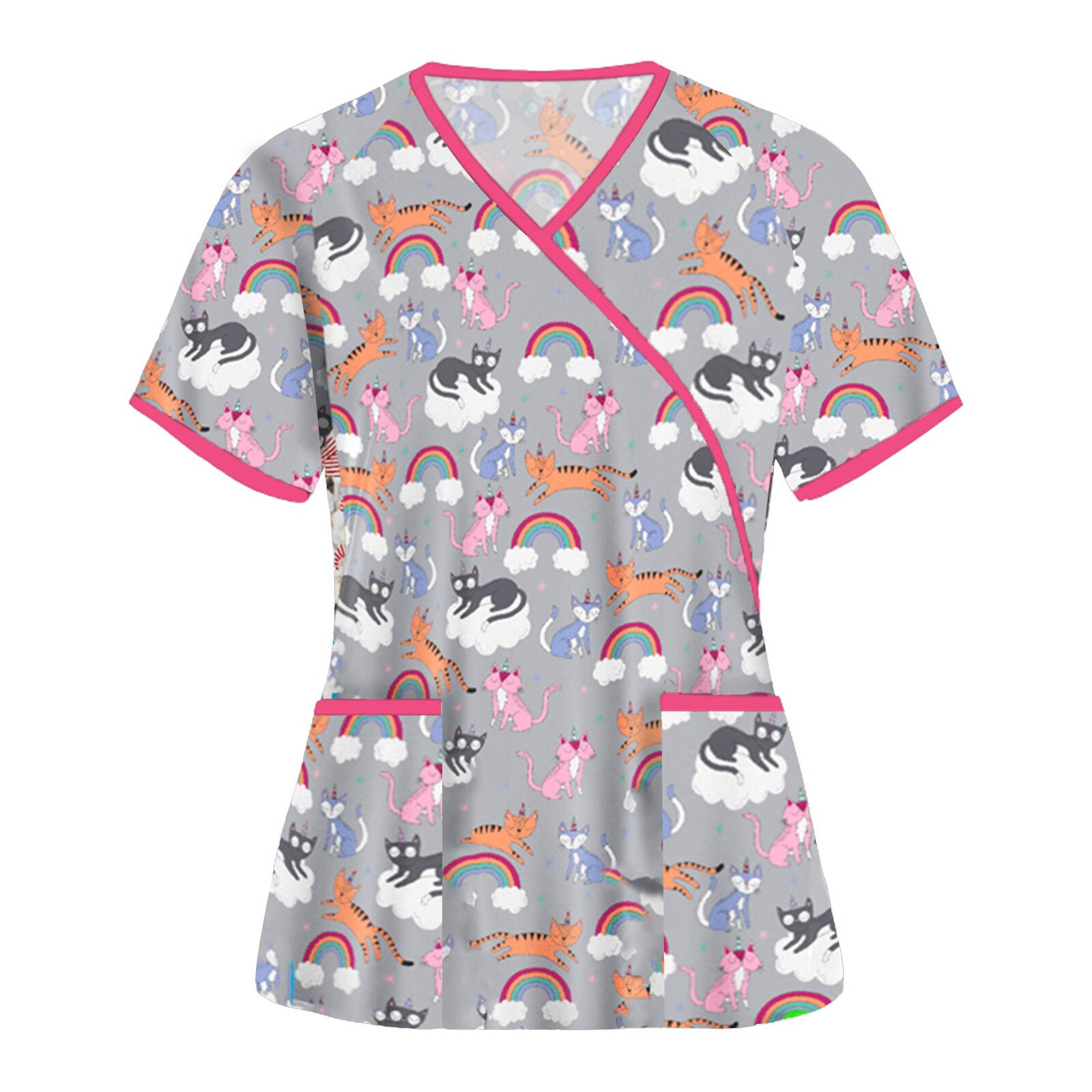 Ziekenhuis Schoonheidssalon Werkkleding Uniform Vrouwen Korte Mouwen Vlinder Print Grafische T-shirt Met Pocket Verpleging Scrub Tops Tie Terug: GY / Xxl