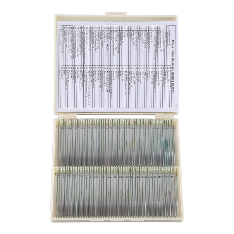 100PCS Glass Slice Prepared Microscope Slides Educational Specimen Human Tissue Sections with Plastic Box
