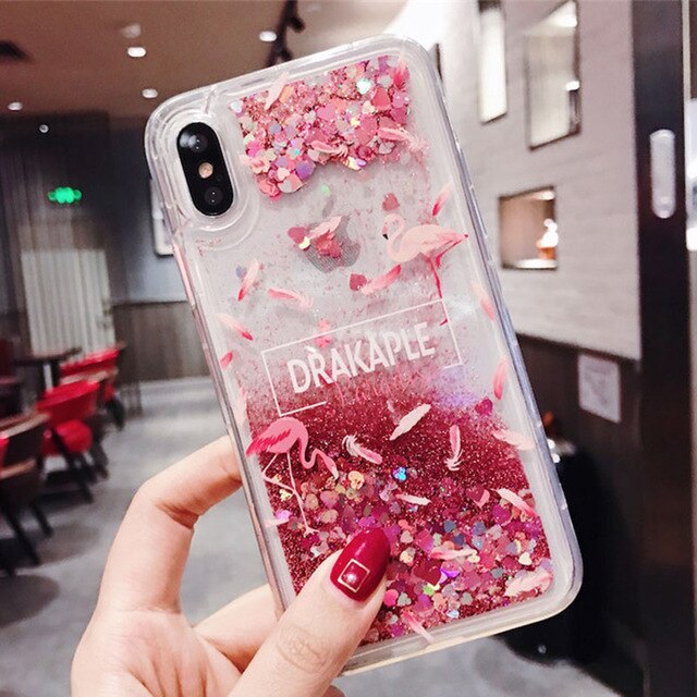 Funda de arena movediza para iPhone X 7 para iPhone 6 6s Plus XR XS Max 11PRO funda de teléfono de flamencos Bling dinámico corazones de amor contraportada: For iPhone 11 / G