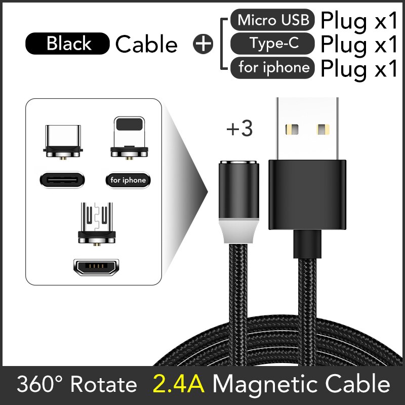 WJOY-Cable magnético de carga rápida, Cable USB tipo C, cargador magnético, Cable Micro USB, Cable de teléfono móvil, USB, rotación 360: Black Cable 3 Plug / 1M Cable