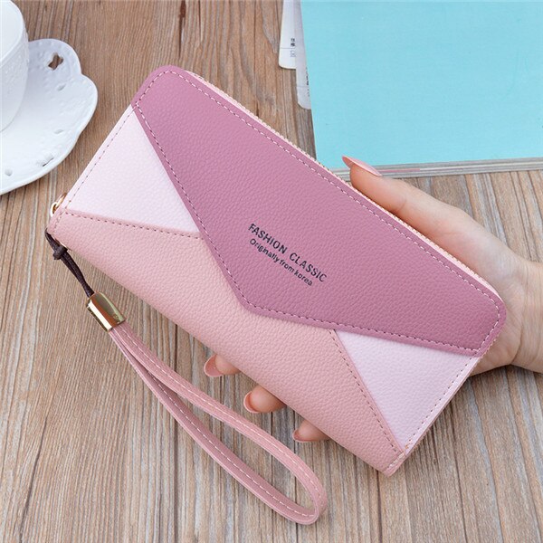concepteur bracelet portefeuilles femmes Patchwork embrayage femme longue grande porte-carte sac à main dames sac à main téléphone sac à main: pink