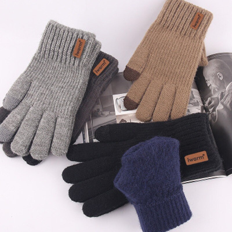Herre & #39 ;s plus fløjl fortykket strik ulden cykel luffer vinter cashmere elastisk touch screen kørehandsker  h49