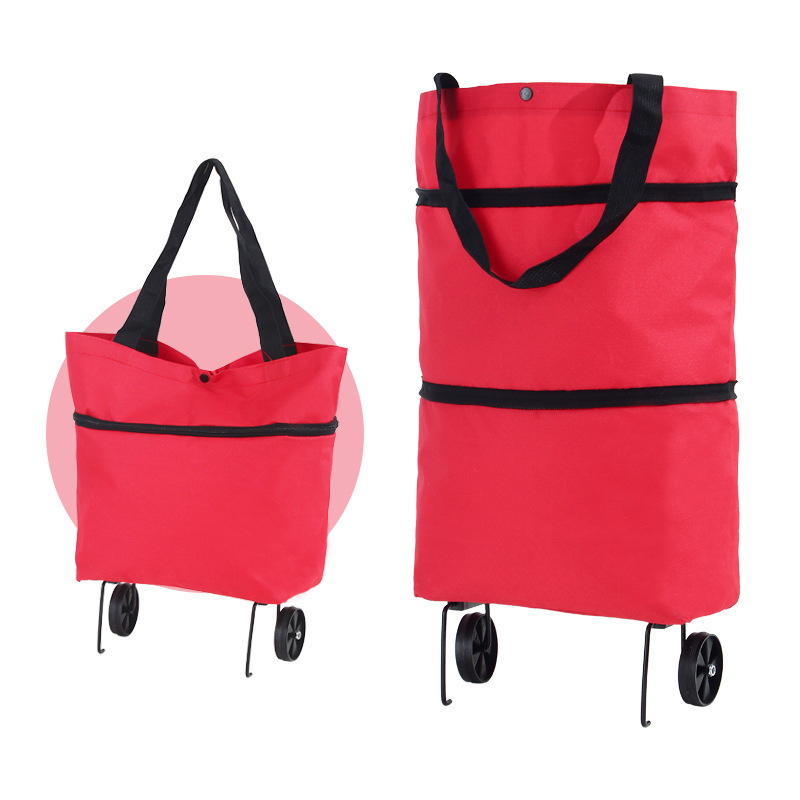 Foldable Shopping Bag with Wheels Trolley Basket Small Pull Cart Home Utility Retractable Tug Supermarket Grocery Shopping Cart: Pink
