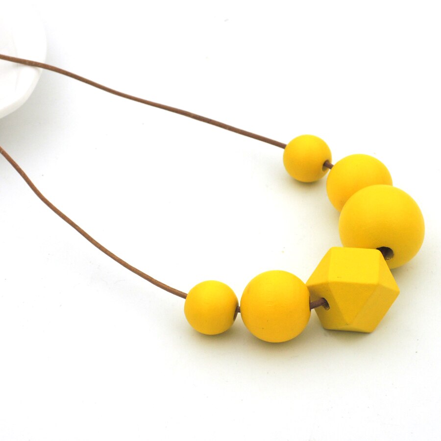 GREY YELLOW asymmetric wood Geometric necklace with Beaded milimalist statement leather cord everyday long rope NW721