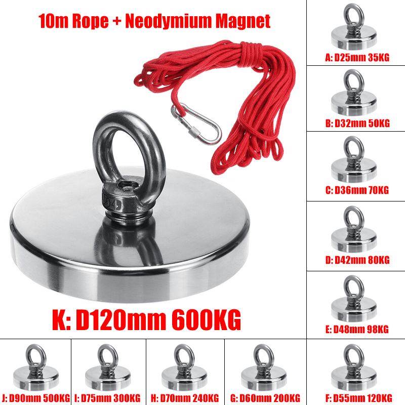 35-600KG Super Strong Magnet Pot Fishing Magnets Salvage Fishing Hook Magnets Strongest Permanent Powerful Magnetic + 10M Rope