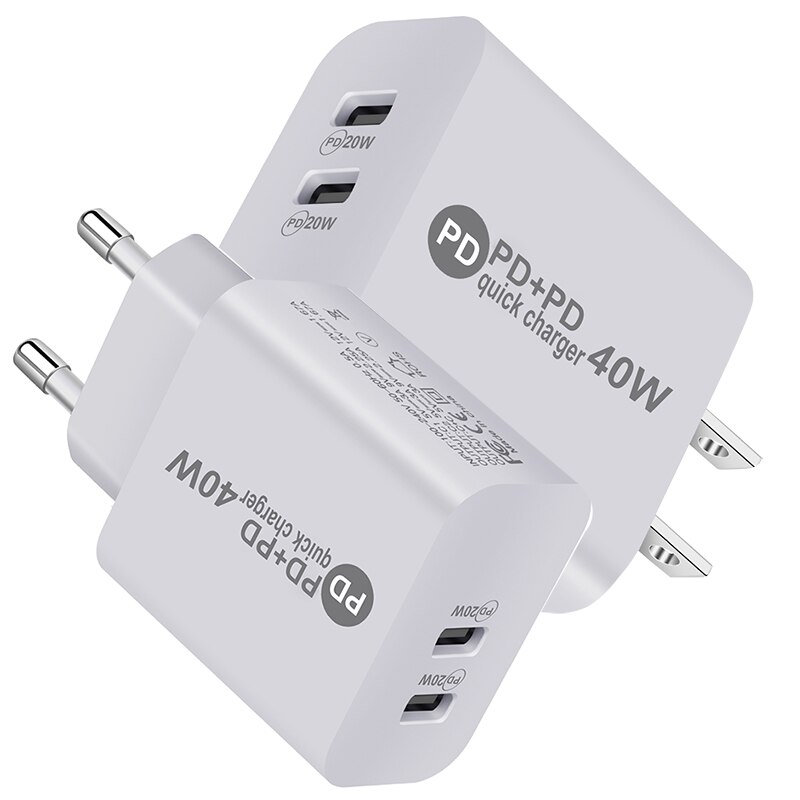 Double PD USB C Charger EU/US Wall Travel Charger 40W Fast Charge For iPhone 13 11 12Pro Xiaomi 10 Huawei P30 Cell Phone Charger