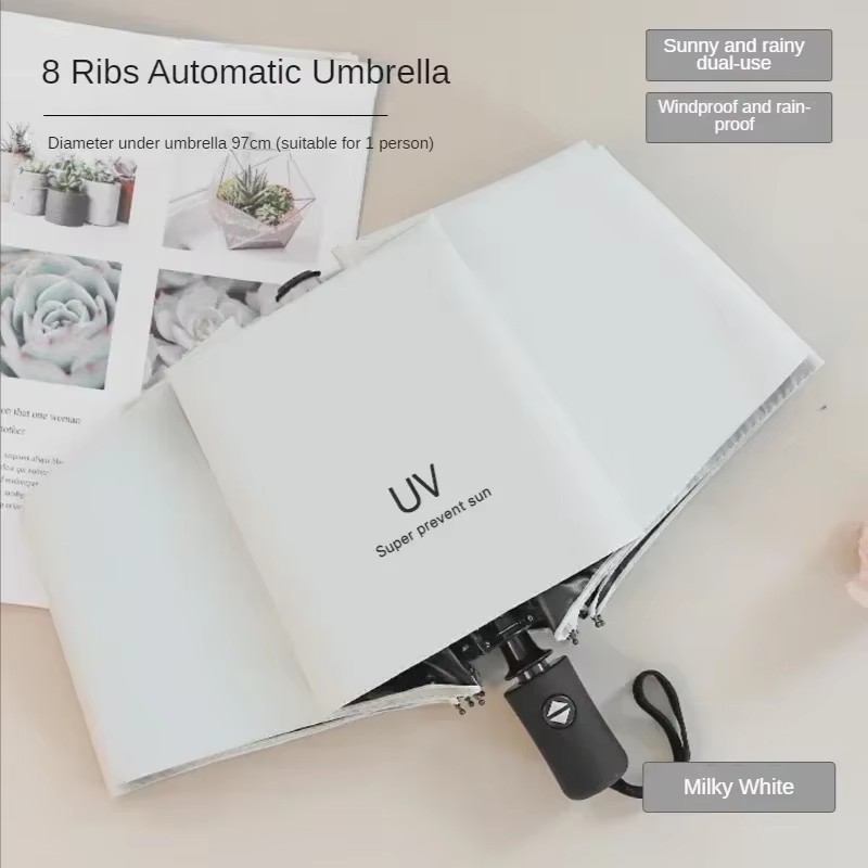 Automatischer Regen- und Sonnenschirm, schwarze Beschichtung, Sonnenschirm, Anti-UV, 3 faltbar, windbeständig, automatisch, luxuriös, groß, winddicht, für Damen und Herren, 8 Bänder: Blau