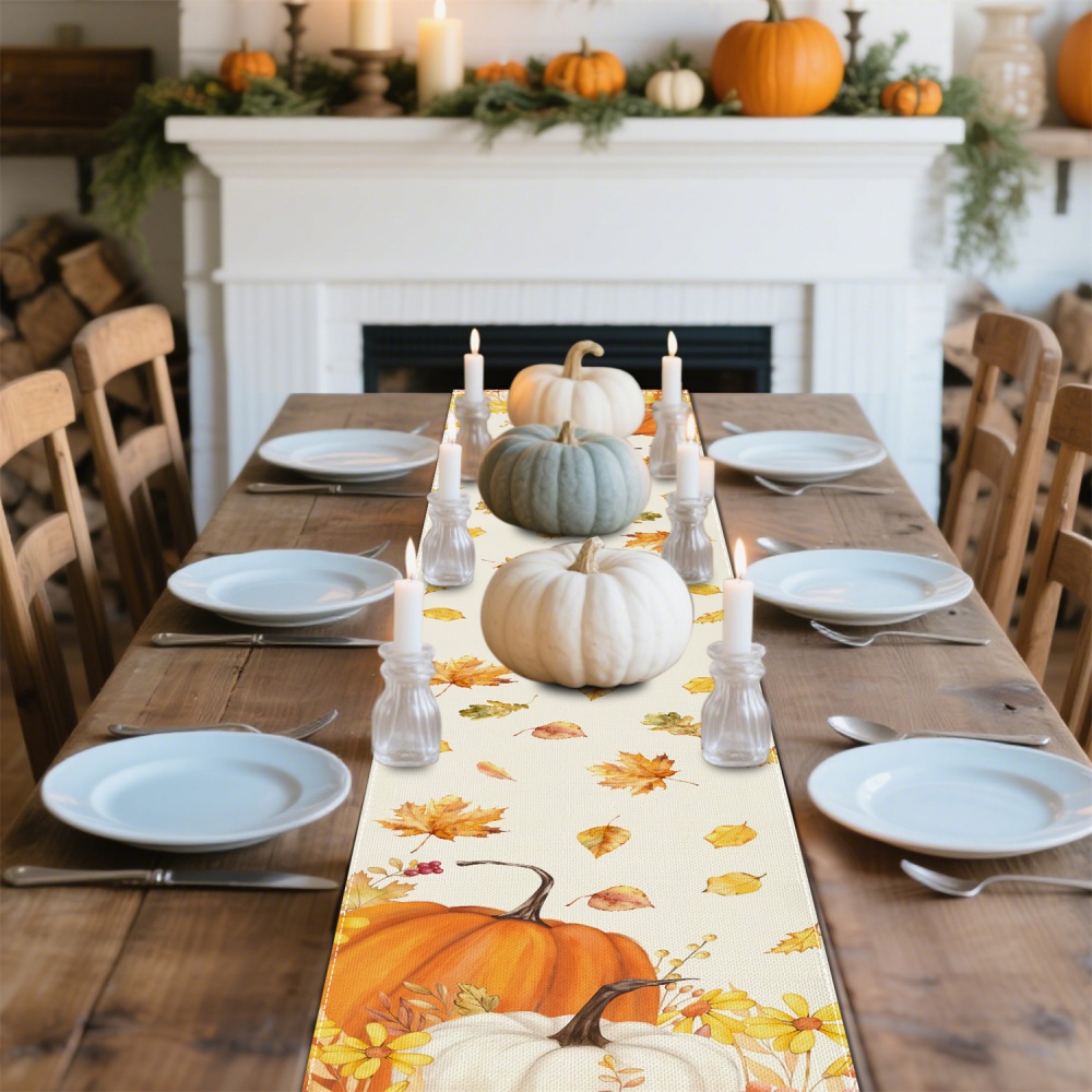 1 szt. Jesienny bieżnik na stół z motywem dyni, liści i kwiatów - robić użytku wewnątrz i na zewnątrz na Świędo Dziękczynienia, Halloween
