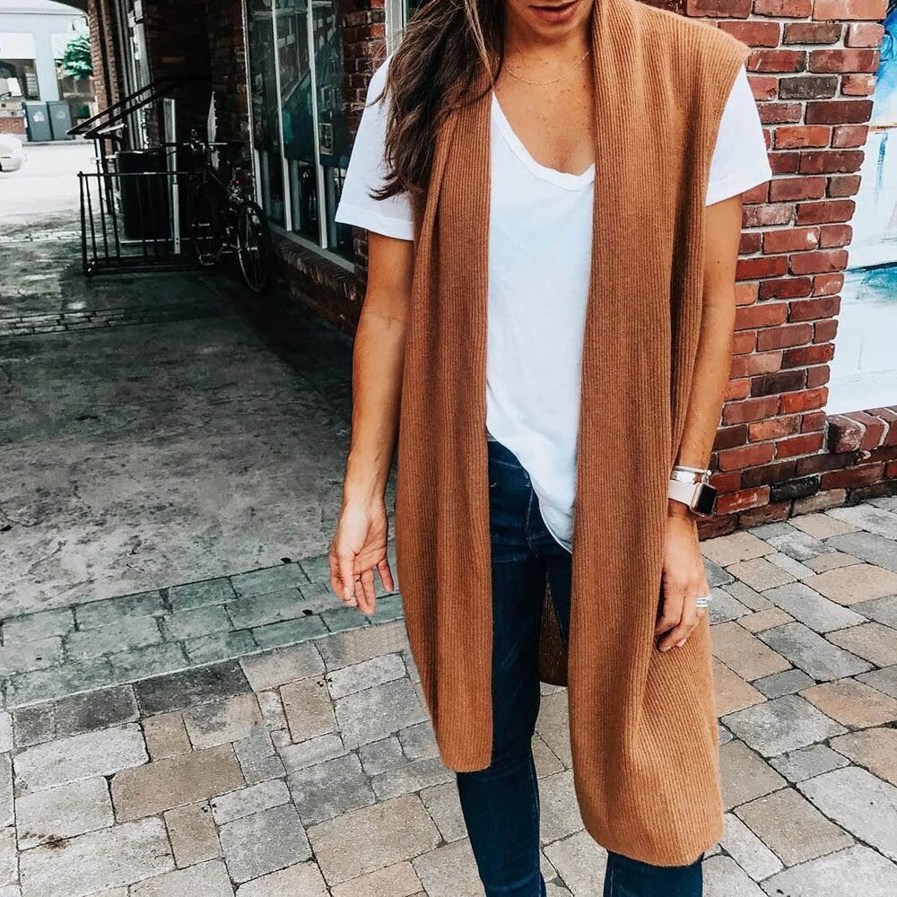 Gilet Long sans manches pour femmes, , Bar, automne, Kimono Cardigan, manteau, poche avant ouverte, décontracté, léger, Chamarras: Coffee / L