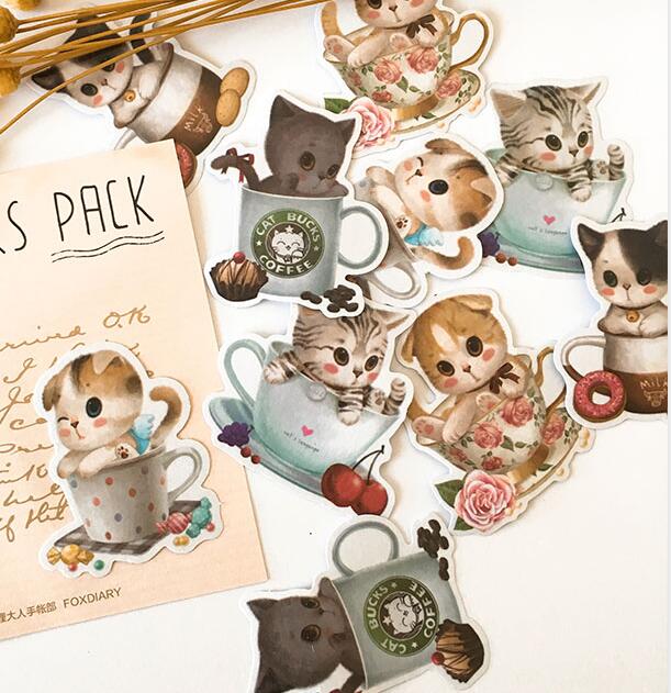 Cartoon kawaii teacup cat stickers DIY scrapbooking journal album happy planner crafts decorative stickers: A   10PCS  1bag