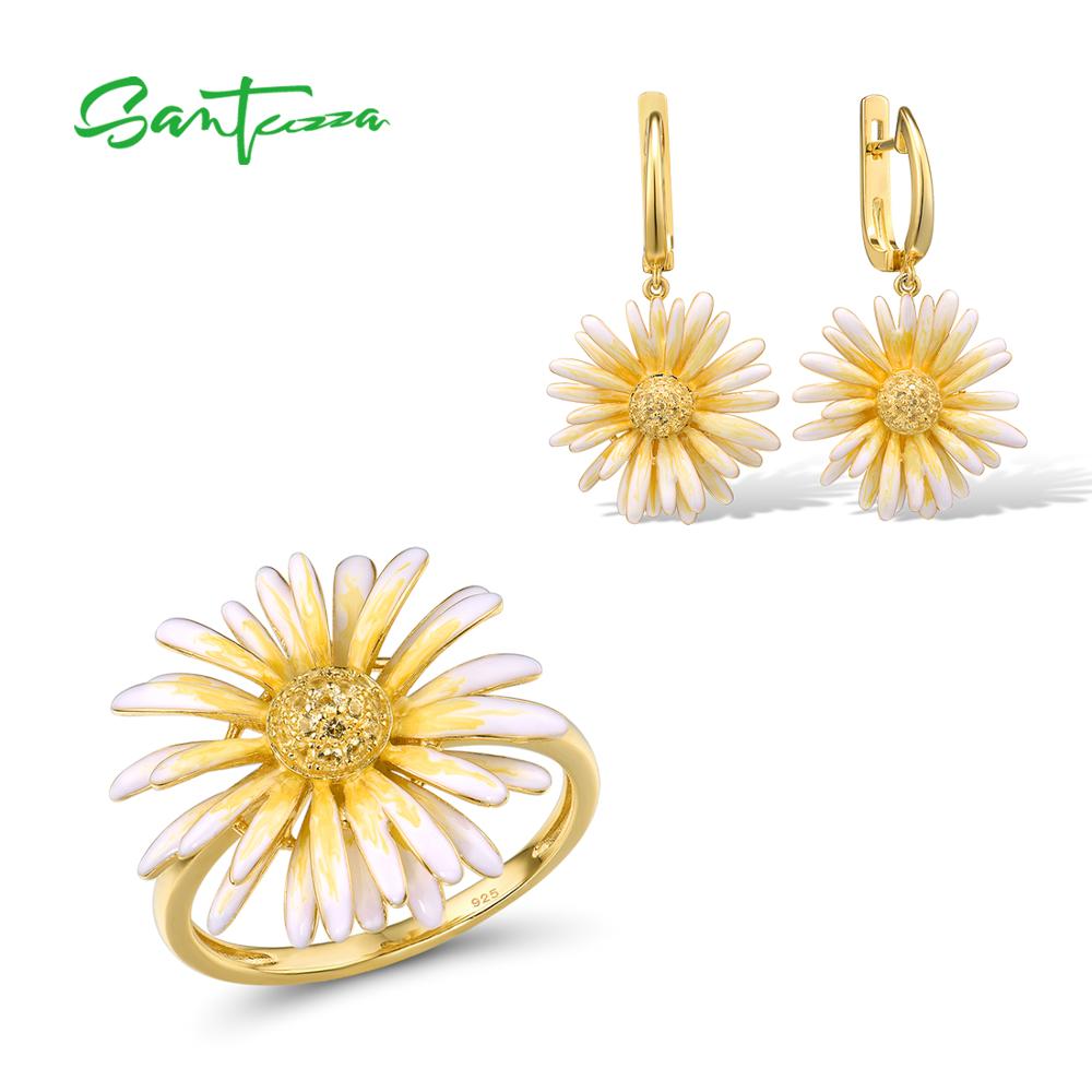 SANTUZZA Silver Jewelry Set for Women 925 Sterling Silver Yellow Daisy Flowers Earrings Ring Set Fine Jewelry Handmade Enamel