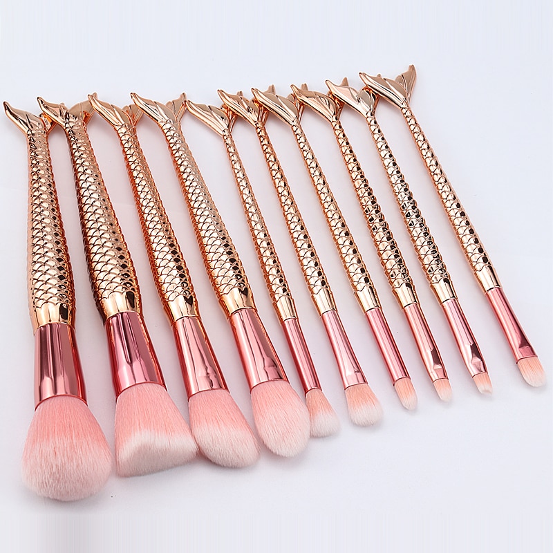 1-11Pcs Unicorn Kabuki Mermaid Makeup Brushes Foundation Eyebrow Make Up Brushes Set For Makeup Kits Cosmetic Tools: 10pcs Rose Gold