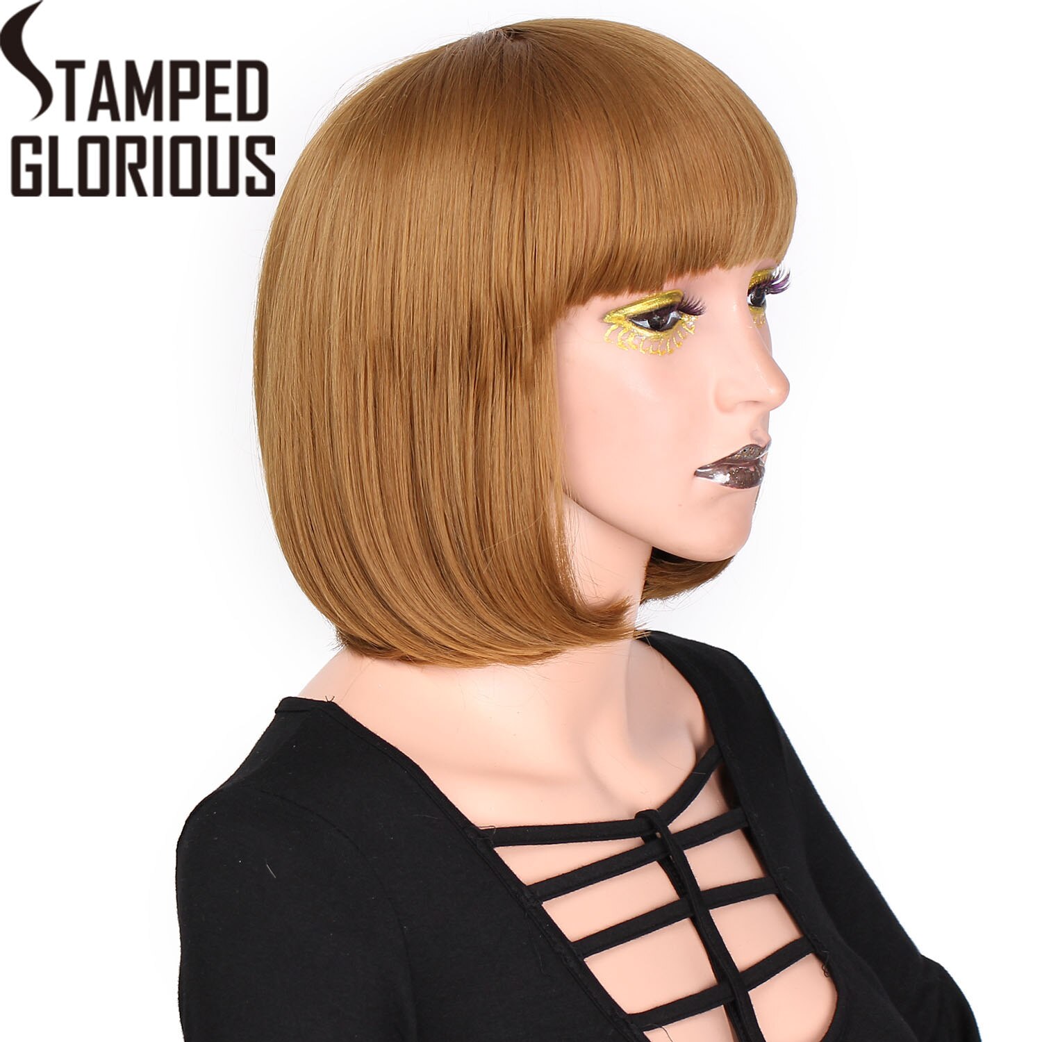 Estampillé glorieux court Bob Head perruque avec frange noir/blanc/marron synthétique perruque droite naturel résistant à la chaleur: 27