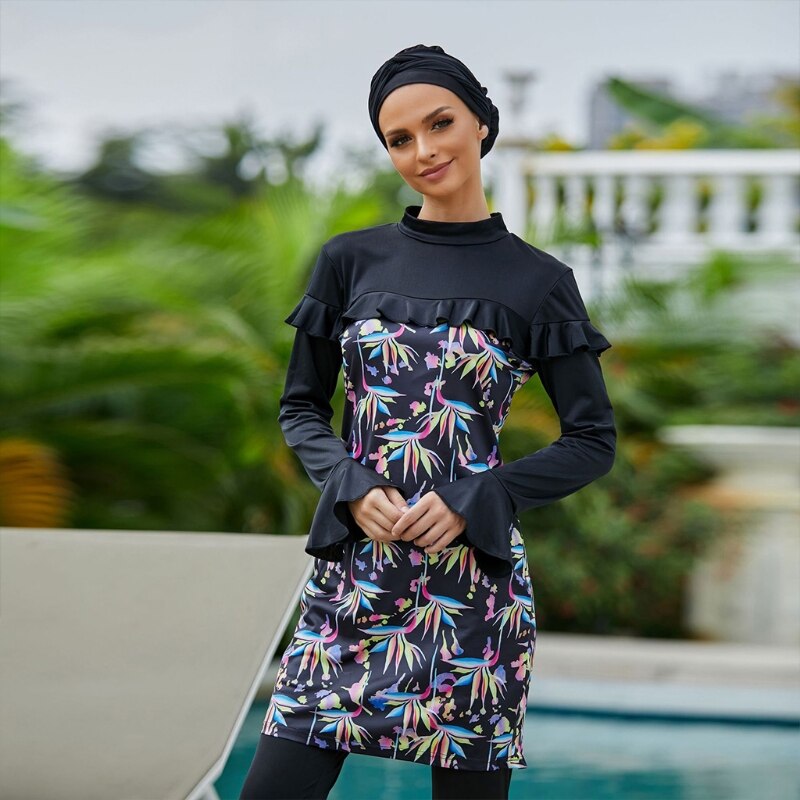Burkini avec bonnet Hijab pour femmes, 3 pièces, manches longues, à volants, modeste, maillot de bain islamique, col montant, couverture complète, vêtements de plage
