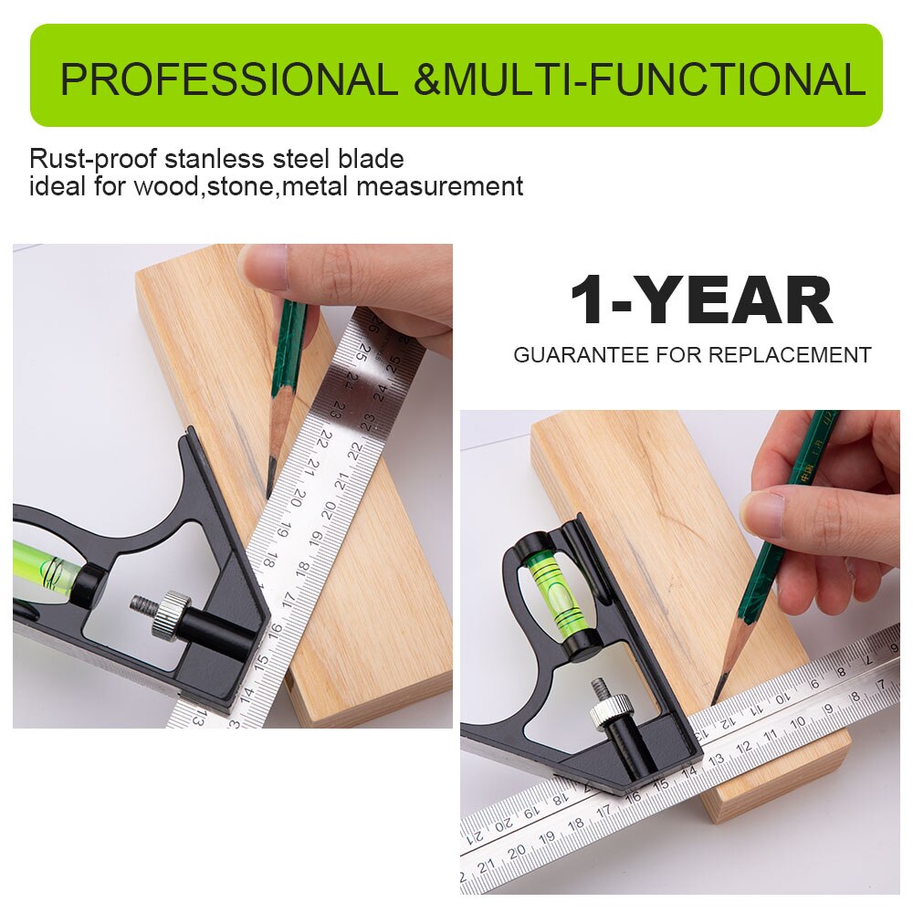 300Mm Stainless Steel Adjustable Combination Square 45/90 Degree With Bubble Level Multi-Function Woodworking Measurement Tool