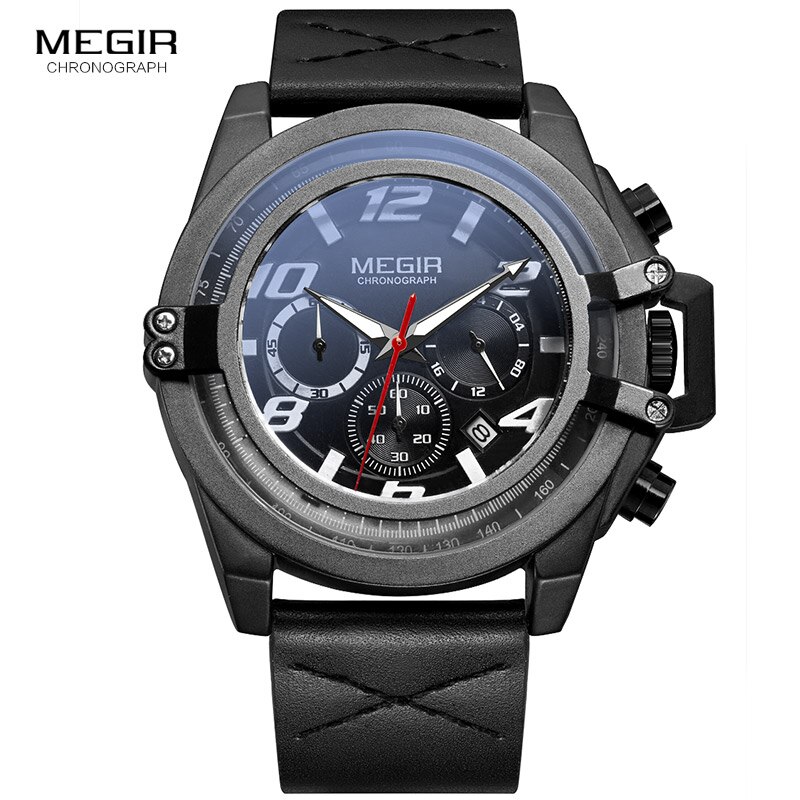 Megir Chronograaf 24-hour Display Quartz Horloges voor Mannen Jongens Mans Waterdichte Lederen Band Lichtgevende Polshorloge met Date2052G: M2052Black