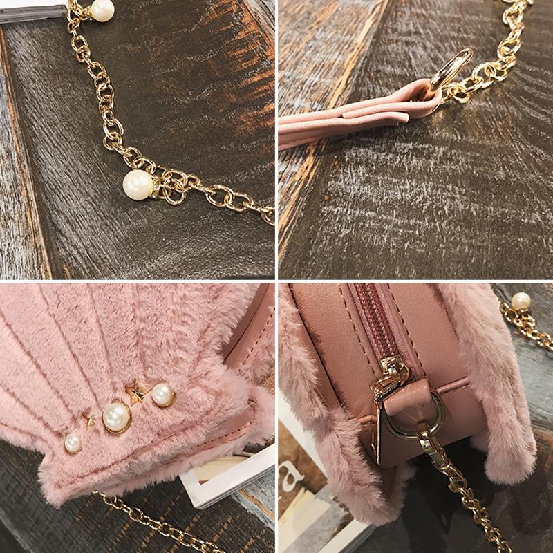 Lovely Seashells Shape Mini Crossbody Bag For Women Lady Girl PU Leather Plush Bag Chain Lolita Small Messenger Bags