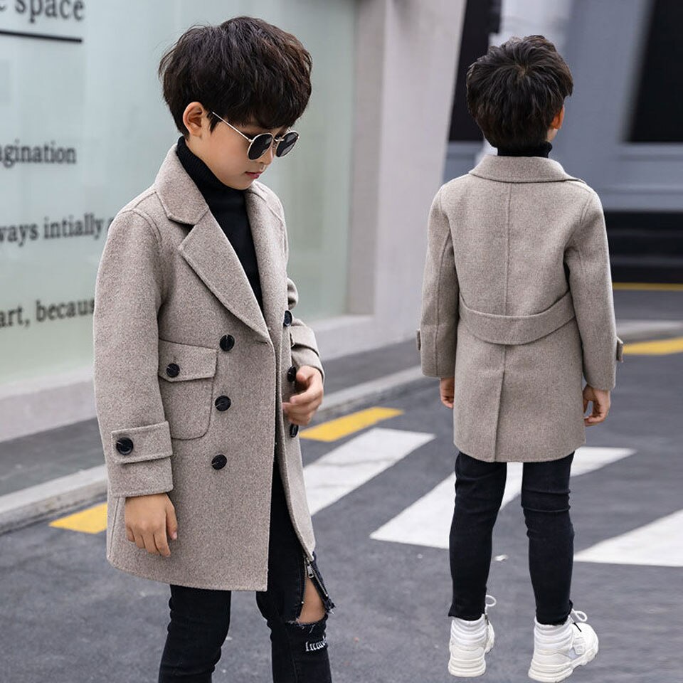 Herfst Winter Jongens Wollen Jassen Kinderen Double Breasted Jasje Turn-Down Kraag Plus Katoen Warme Dikke Kids Jongens bovenkleding