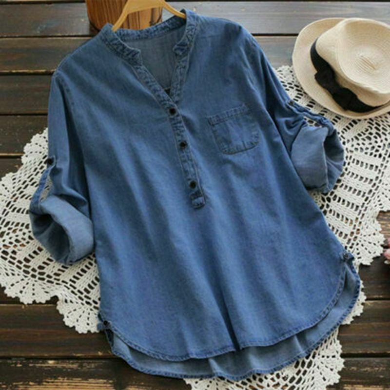 Dames casual denim blauw asymmetrisch lang overhemd tops knopen blouse plus maat 67jc