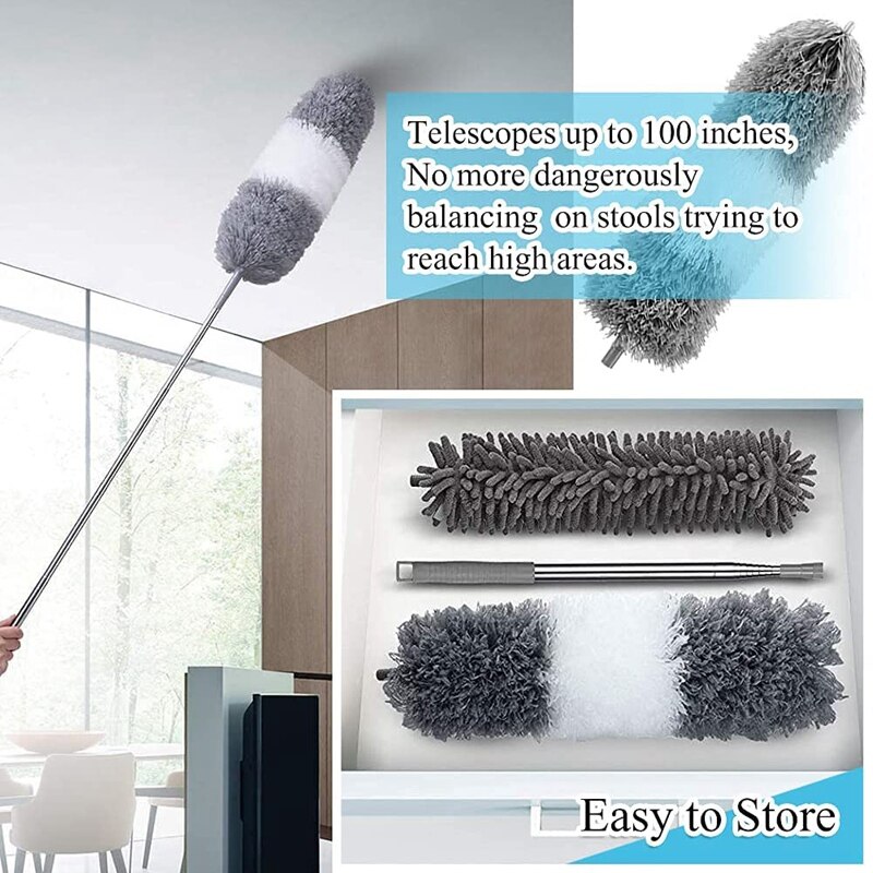 Telescopic Duster Extra Long Extendable with Washable Microfibre Brushes Heads Bendable Duster Broom for Removing Dust