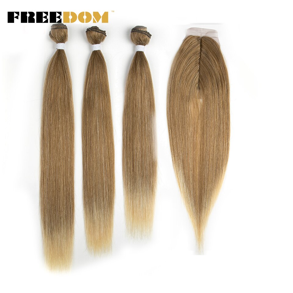 FREEDOM-mechones de pelo lacio Yaki de 18, 20 y 22 pulgadas, extensiones de cabello sintético con cierre de encaje, Marrón degradado: T12-22A