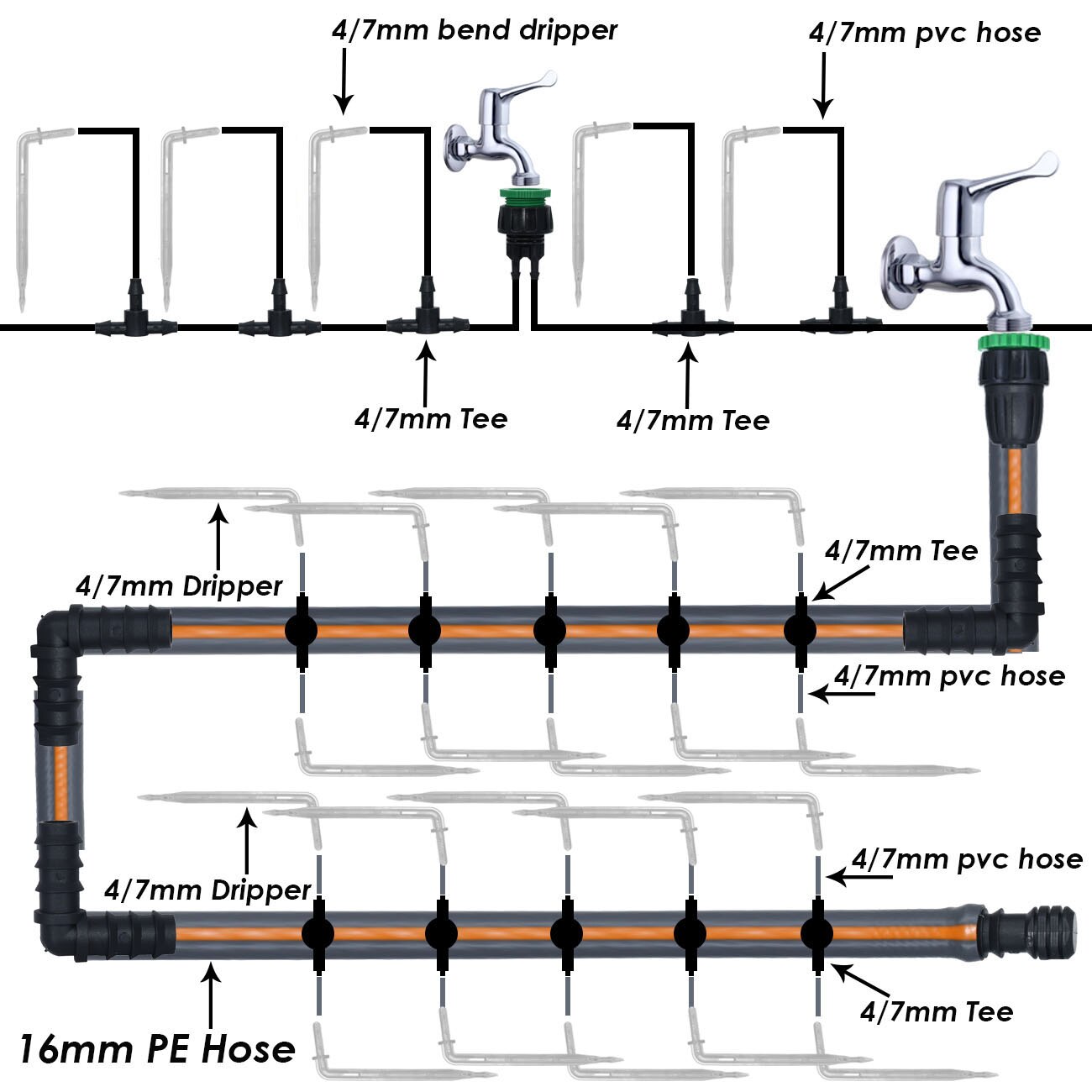 SPRYCLE 100-500 Uds 1/4 "transparente curva goteo flecha goteador de riego emisor de riego aspersores para 4/7mm manguera de efecto invernadero