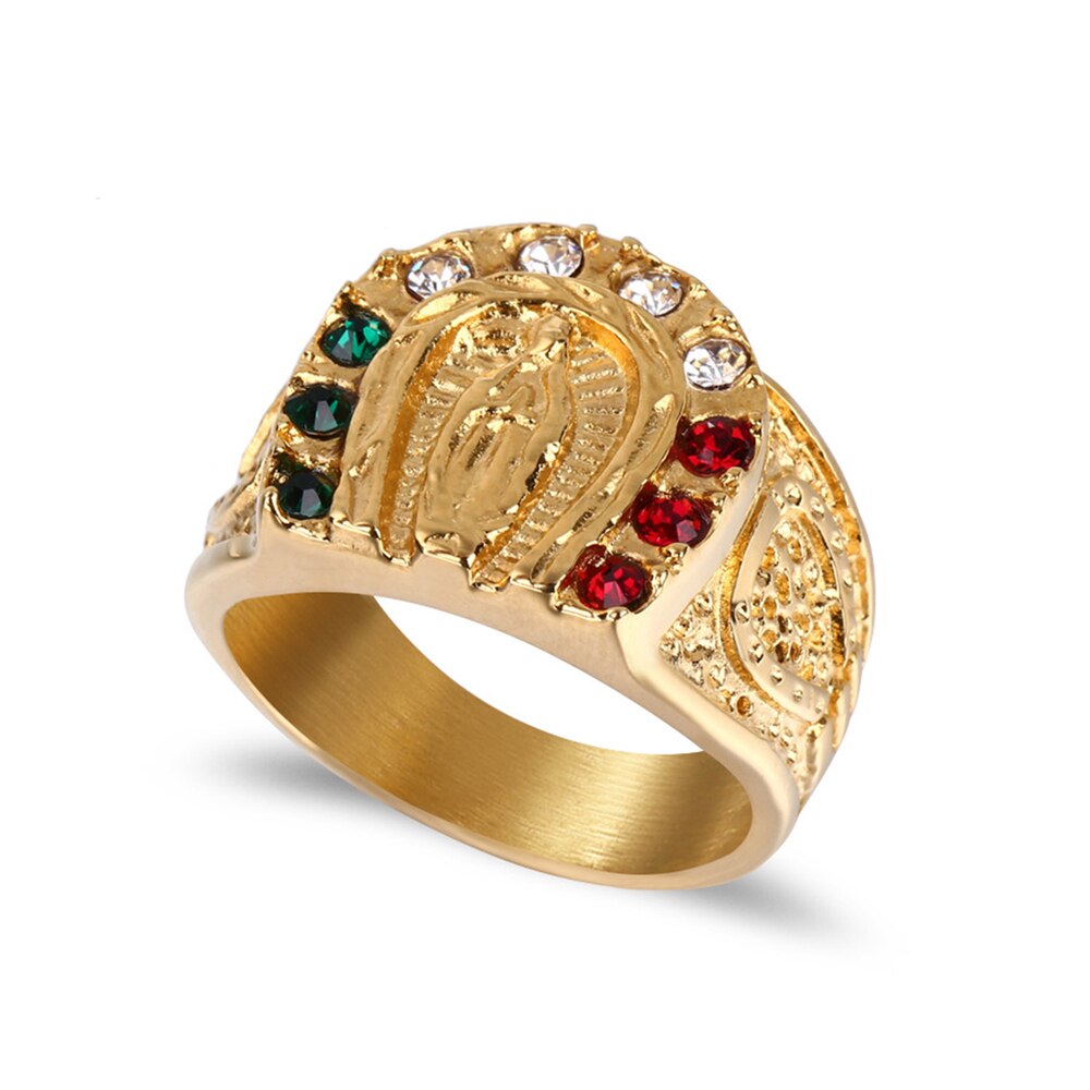 Rustfrit stål guld hip hop krystal jomfru mary ring smykker mama mary christ rhinestone ring smykker til ham størrelse 8-12: 8
