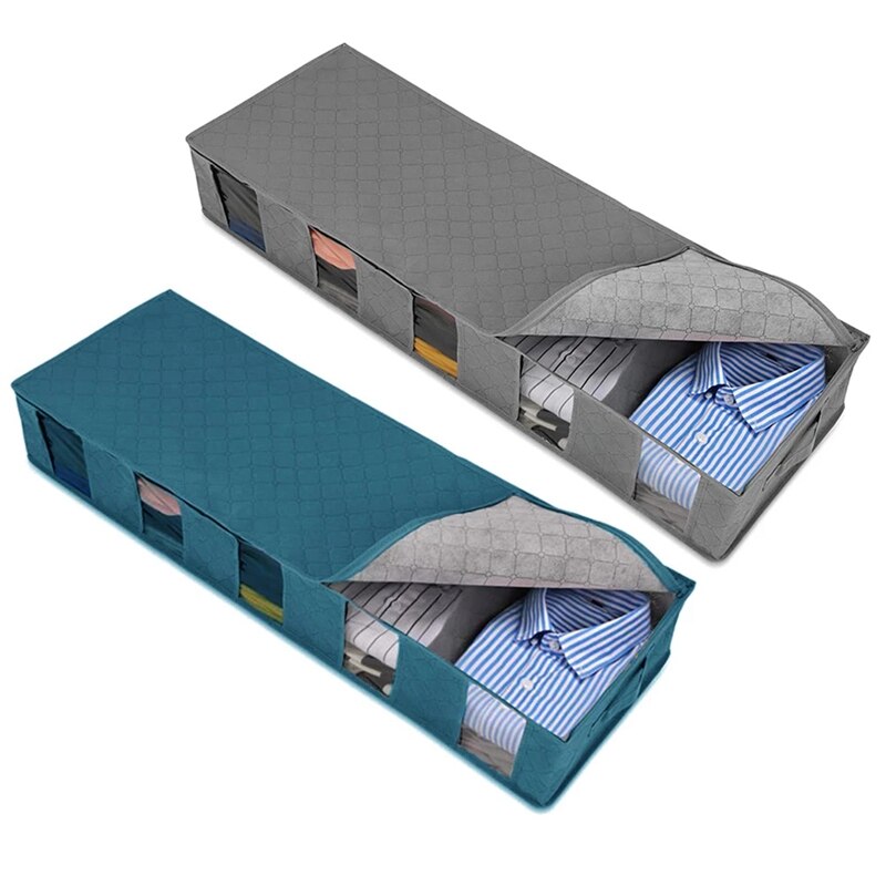 2Pcs Under Bed Clothes Item Storage Dustproof Storage Bag Container Clothes Organizer Foldable 5 Sections & Clear Window: Default Title