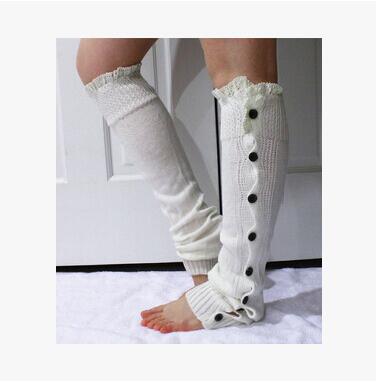 Calentadores de encaje con botones para mujer, botas de punto, calcetines, puños hasta la rodilla, polaina alta, novedad, , Invierno: white