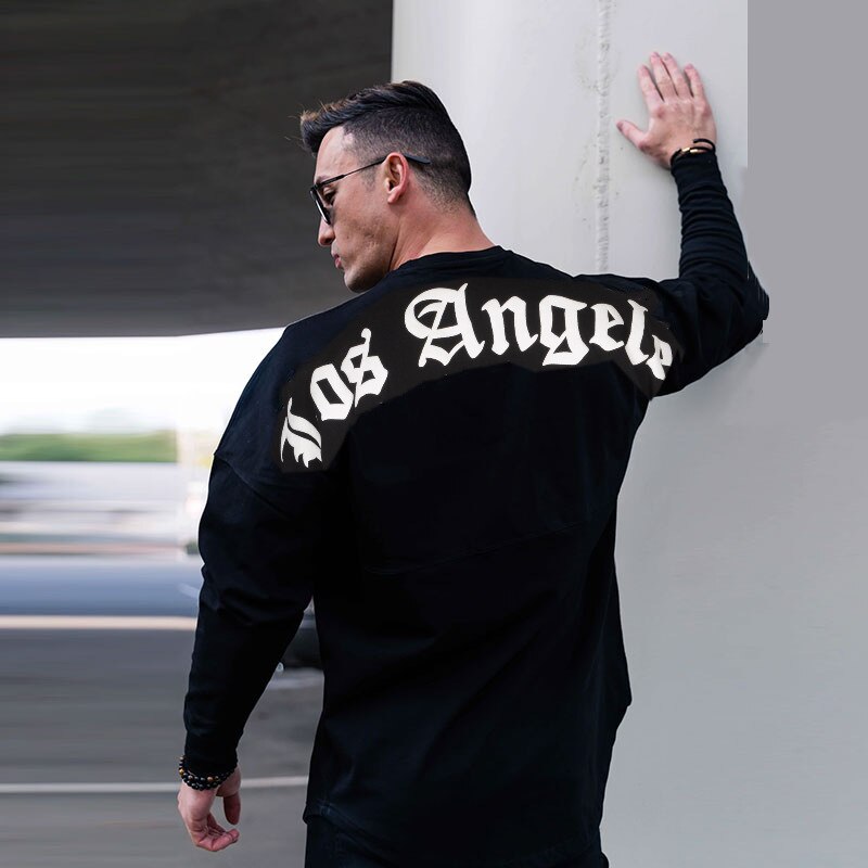 Fitness t-shirt herre løst sportstøj langærmet træningsdragt plus størrelse afslappet rundhalset sweater viser muskler træningsskjorter
