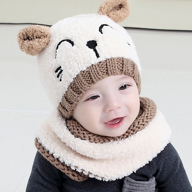 Gorro cálido de invierno para niño y niña, conjunto de bufanda, sombreros de lana tejidos para niña, gorro de gato de dibujos animados, gorrito para niño, gorro para niño: Blanco