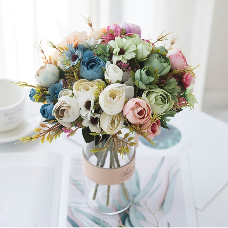 Sztuczne kwiaty róże herbaciane bukiet ślubny wazony robić dekoracji wnętrz akcesoria garnki ślubne dekoracje kwiatowe sztuczne rośliny