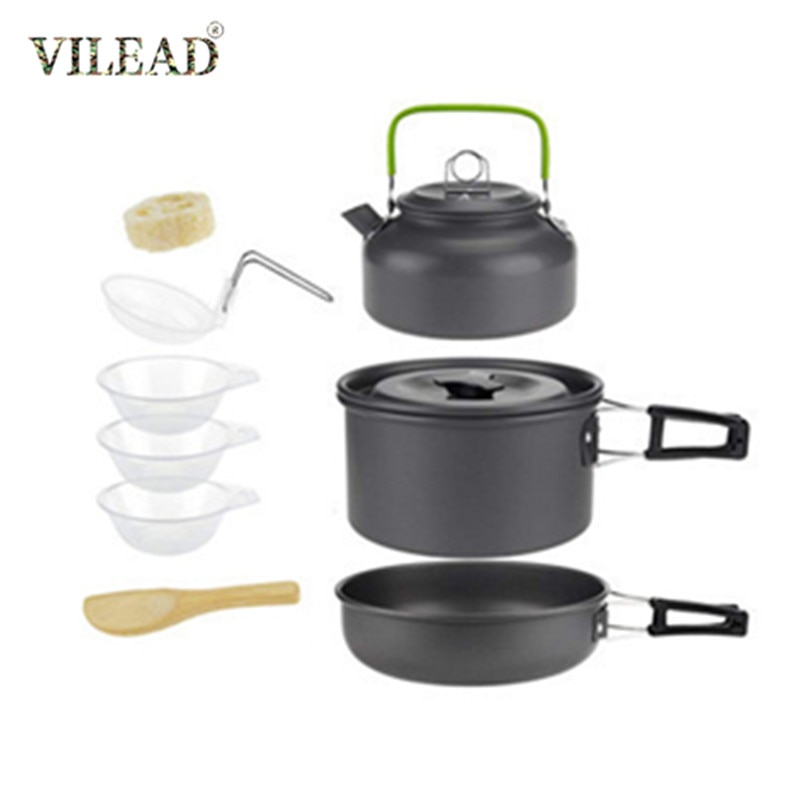 Vilead draagbare kampeerset met pot, pan en waterkoker van aluminiumlegering, servies voor buiten, kookgerei, 3 stuks/set, theepot, kookgereedschap voor picknick en barbecue.